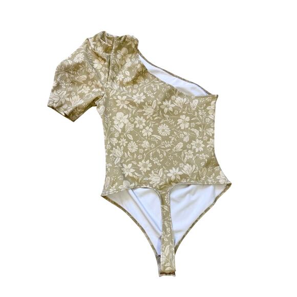 Free People Bohemian  One Shoulder Puff Sleeve Floral Bodysuit Beige Women’s S - Picture 5 of 6